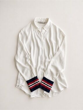 Zara Made in Spain Sheer Ivory Blouse Striped Preppy Cuffs Size Small